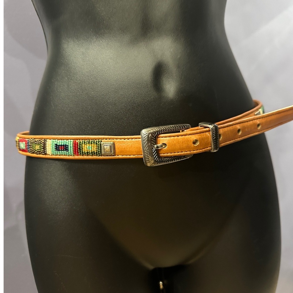 Brighton Beaded Leather Belt Western Boho Multicolor Silver Engraved Buckle 30